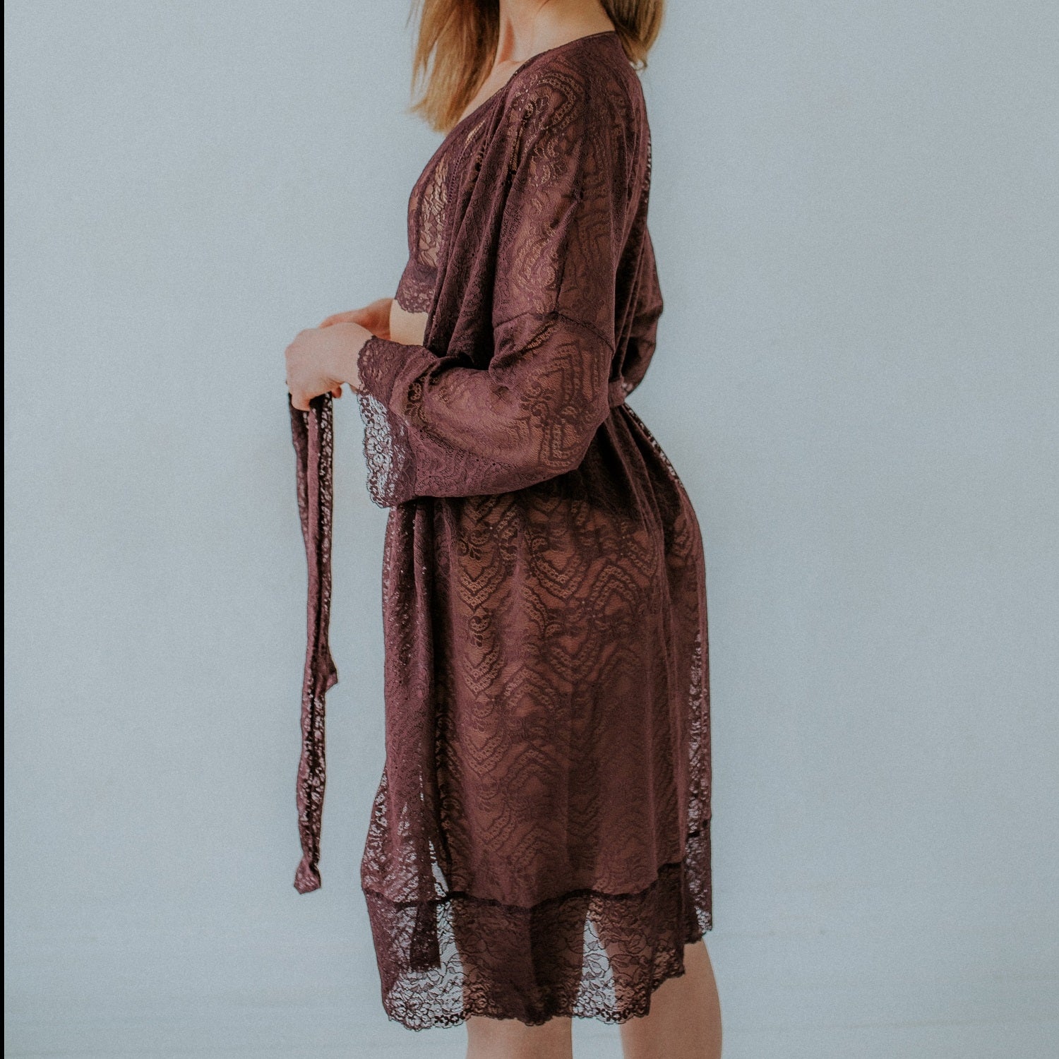 Lace dressing gown Lorena - aubergine